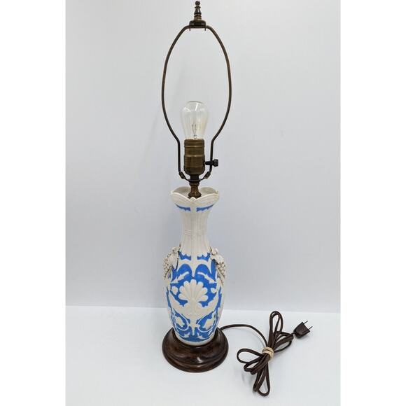 Vintage Parian Ware Blue and White Table Lamp with Grapes
